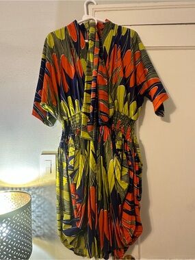 Vibrant Abstract Print Tie-Front Dress in Lime, Navy & Orange